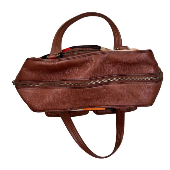 Cole Haan Handbag Brown Leather Canvas Retro Striped Colorblock Boho - Picture 3 of 10